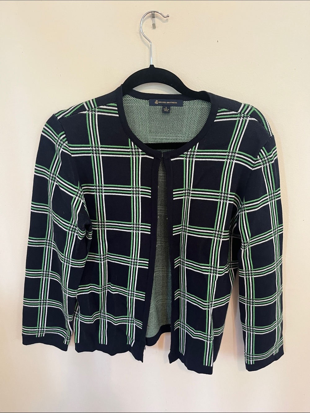 Brooks Brothers Navy Plaid Knit Cardigan with Green Trim